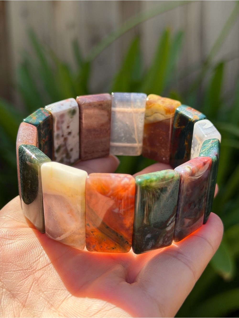 Stretchable wide rainbow ocean jasper soft bangle 1621‎